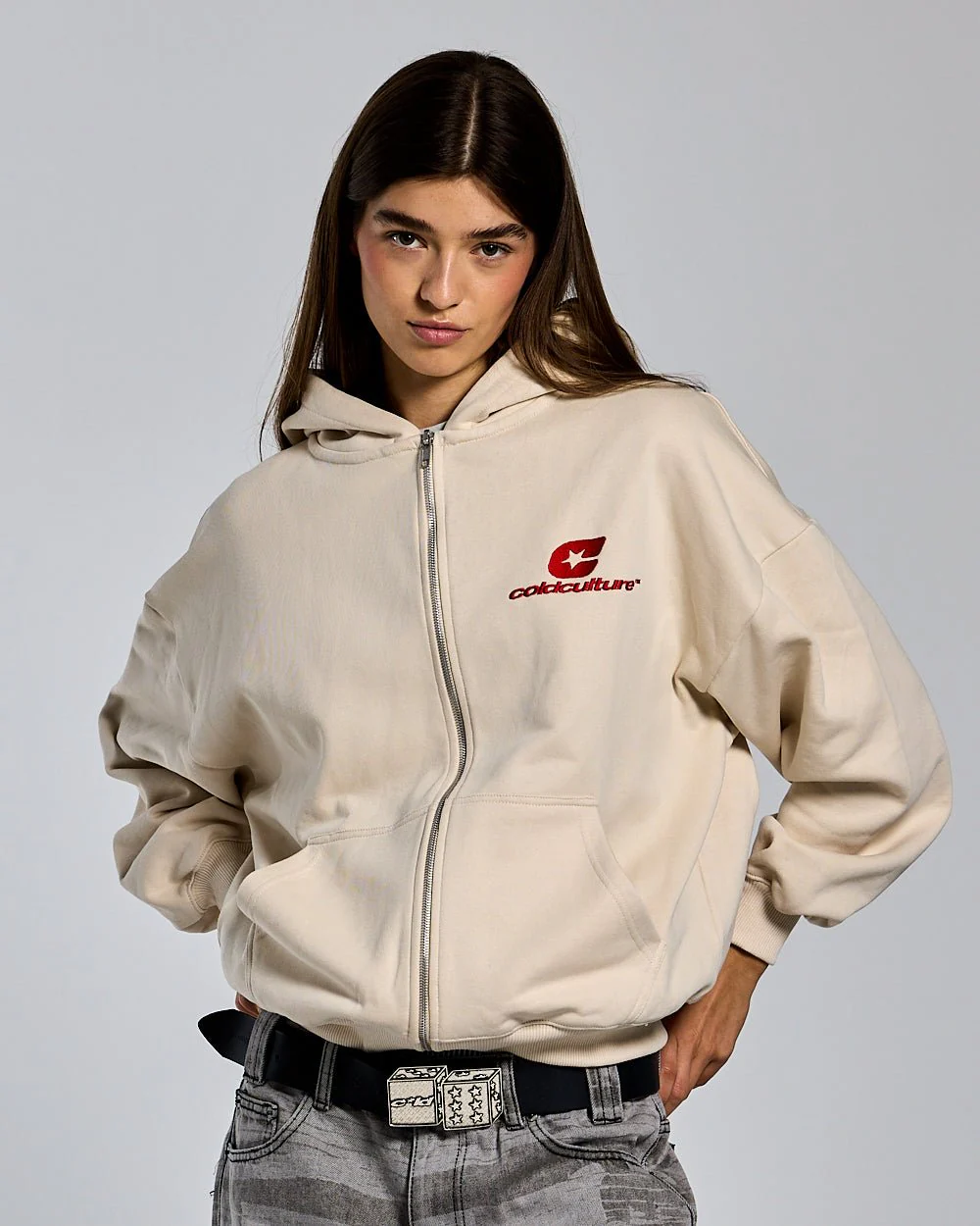 CURVED ZIP HOODIE CREAM - Image 4