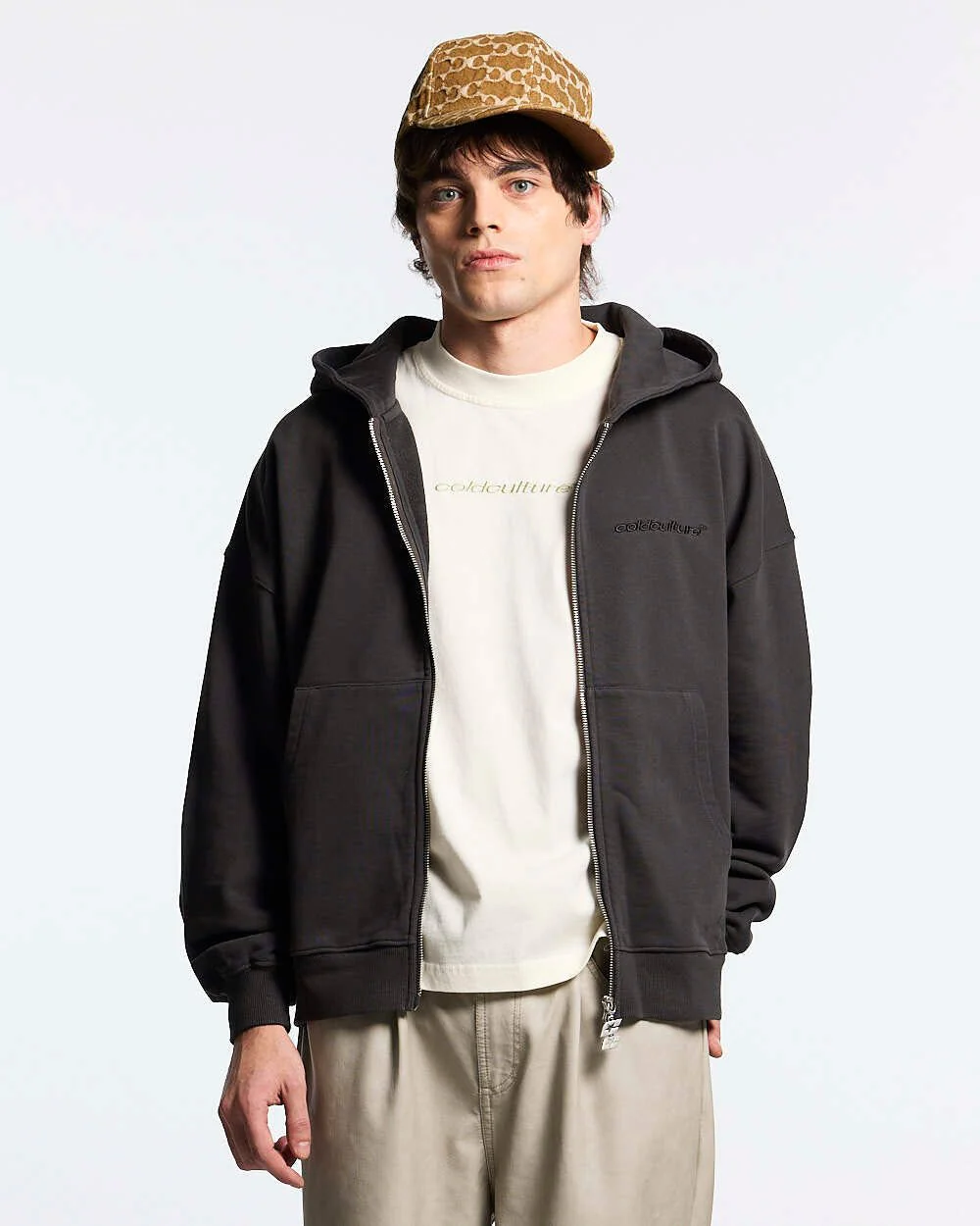 DISTRESS CURVED ZIP HOODIE DARK GREY - Image 3