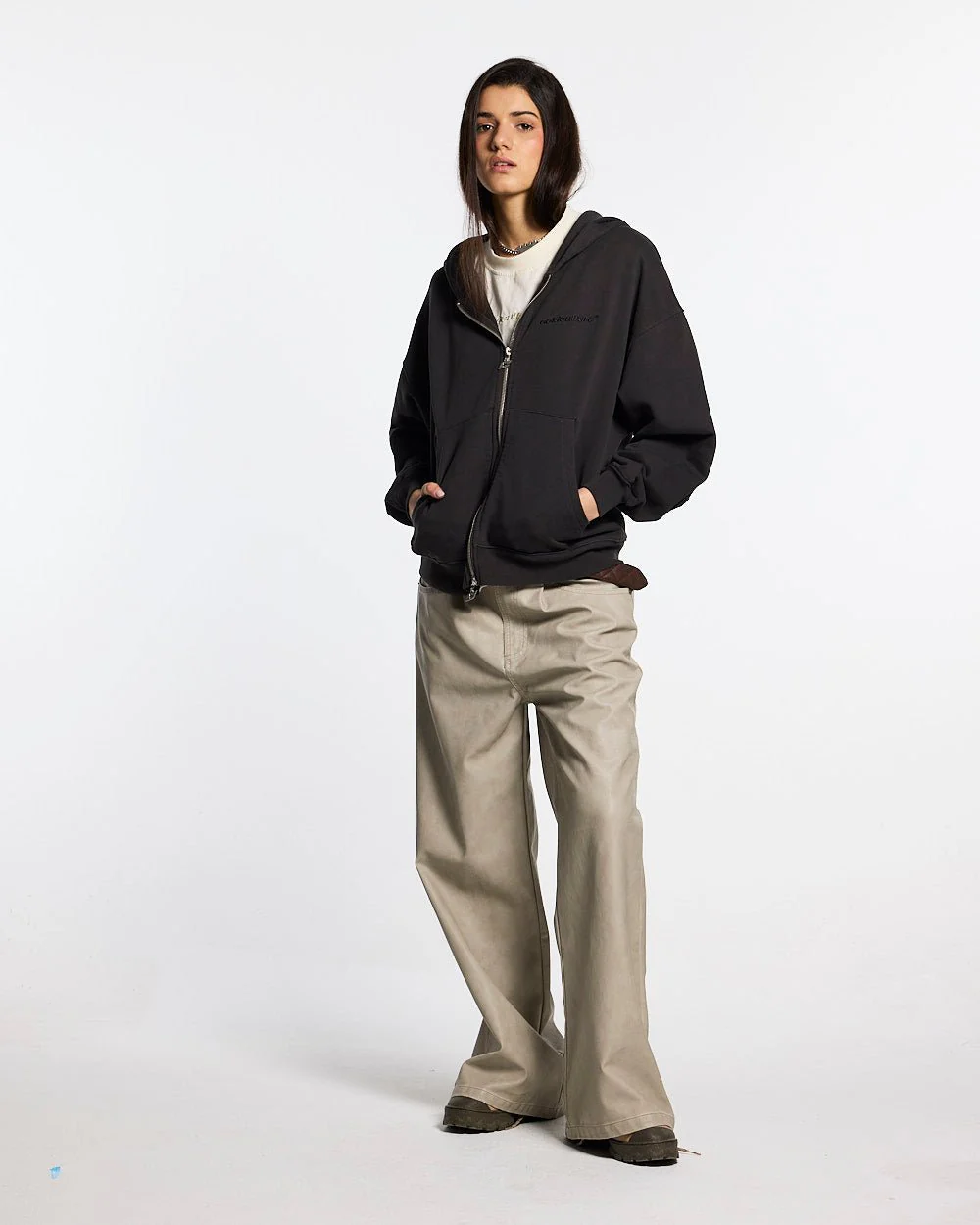 DISTRESS CURVED ZIP HOODIE DARK GREY - Image 6